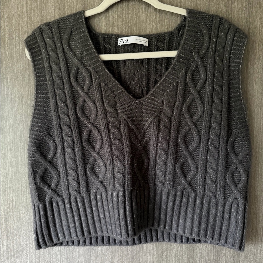 Zara Dark Charcoal Cable Knit V-Neck Sweater Vest